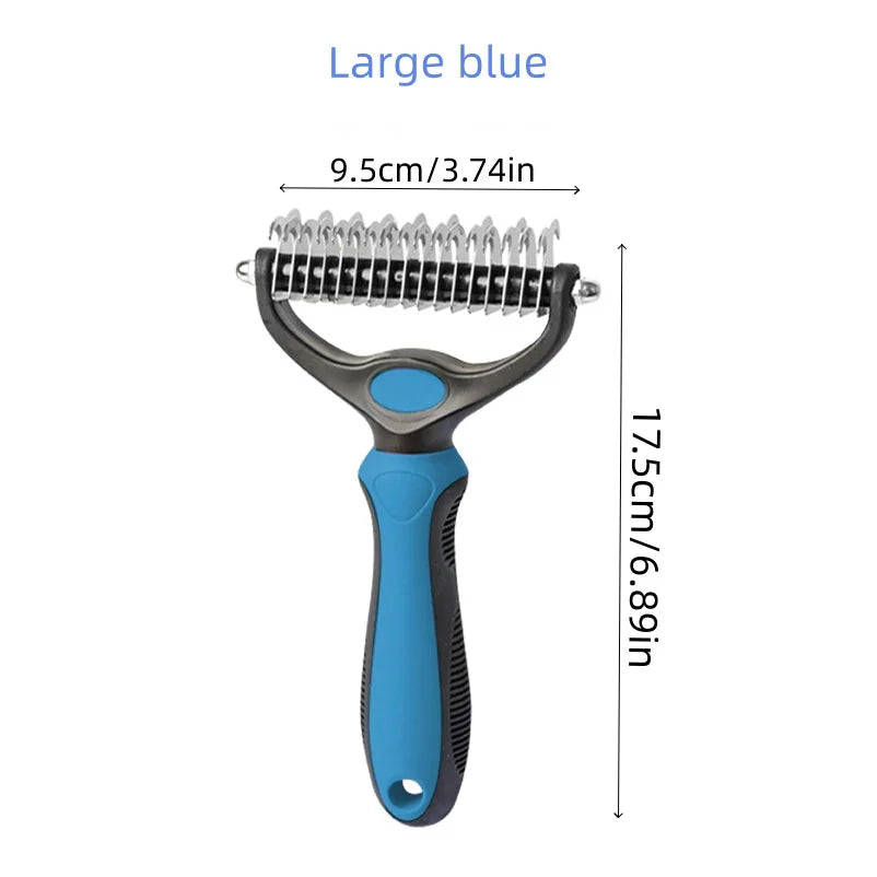 Large blue dog grooming rake with a stainless steel de-shedding blade and non-slip ergonomic handle.