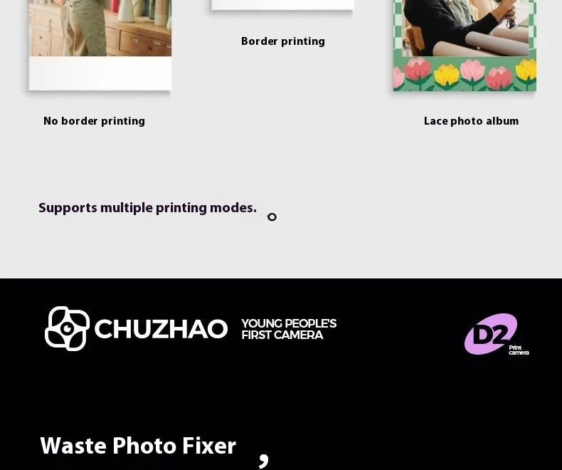 An ad for a Chuzhao D2 camera showing different photo printing modes: no border, border, and lace frame styles.
