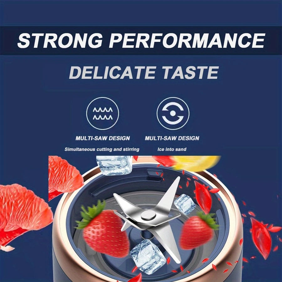 Blender base with a silver 4-point blade, surrounded by floating ice and strawberries against a dark blue background.