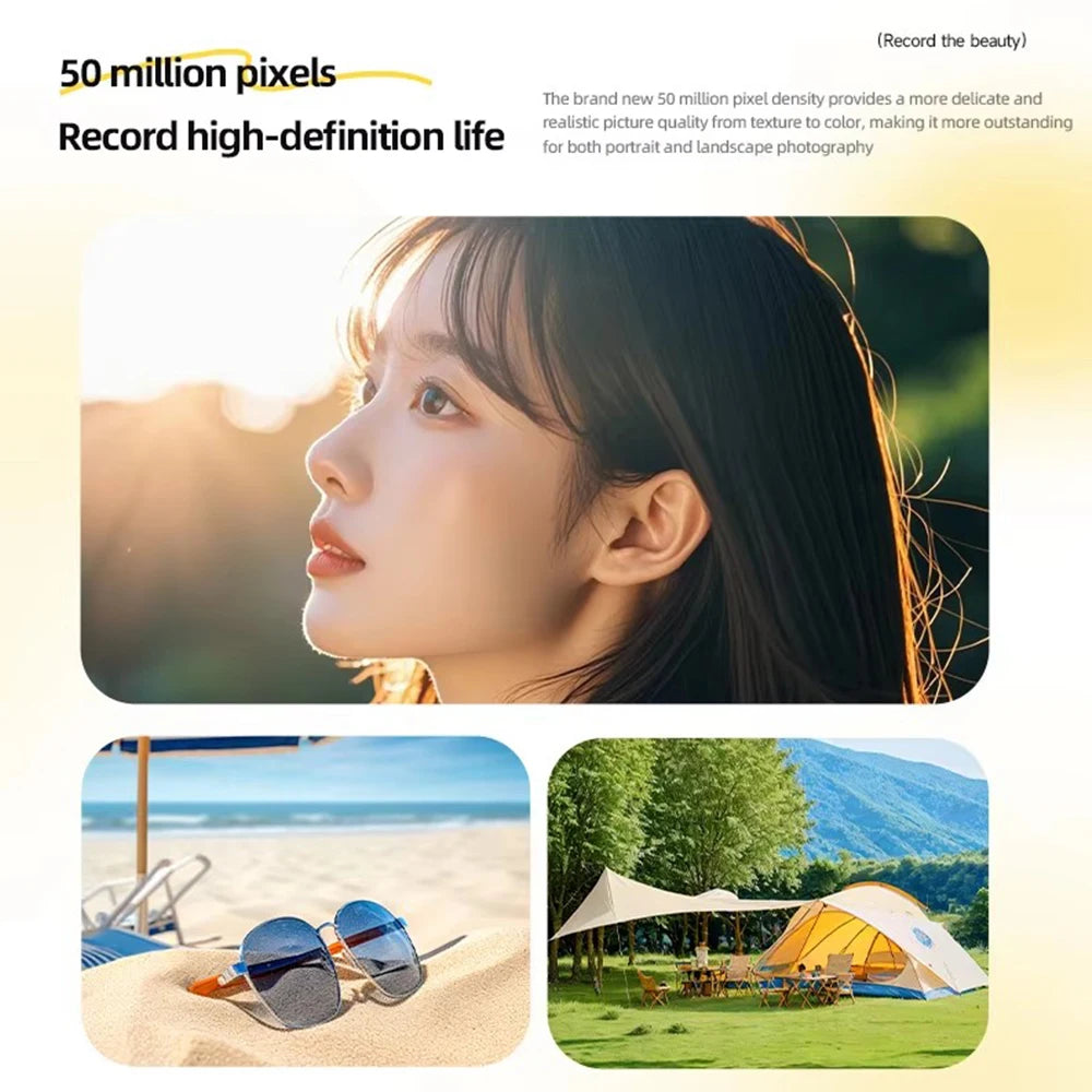 A graphic showing a person’s face, silver-rimmed sunglasses on sand, and a camping tent on grass under a blue sky.