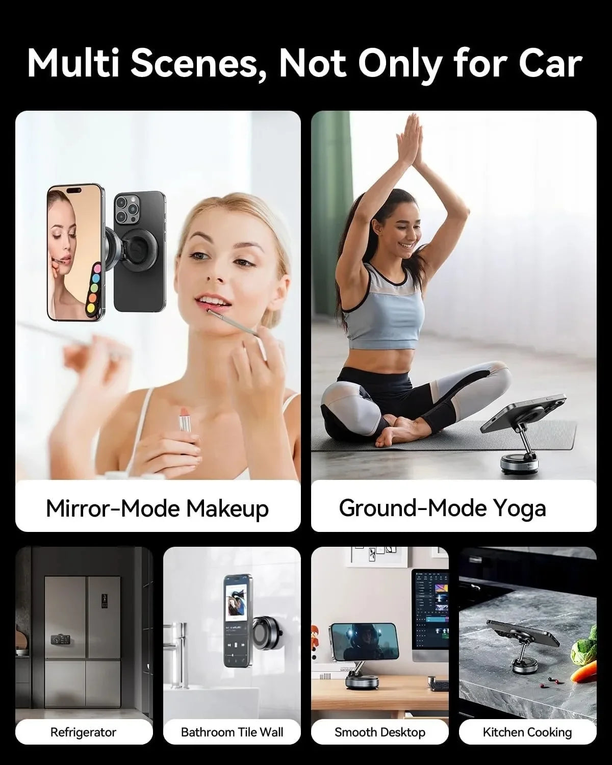 A versatile, black, circular magnetic phone mount shown in various home settings, including a mirror, desk, and kitchen.