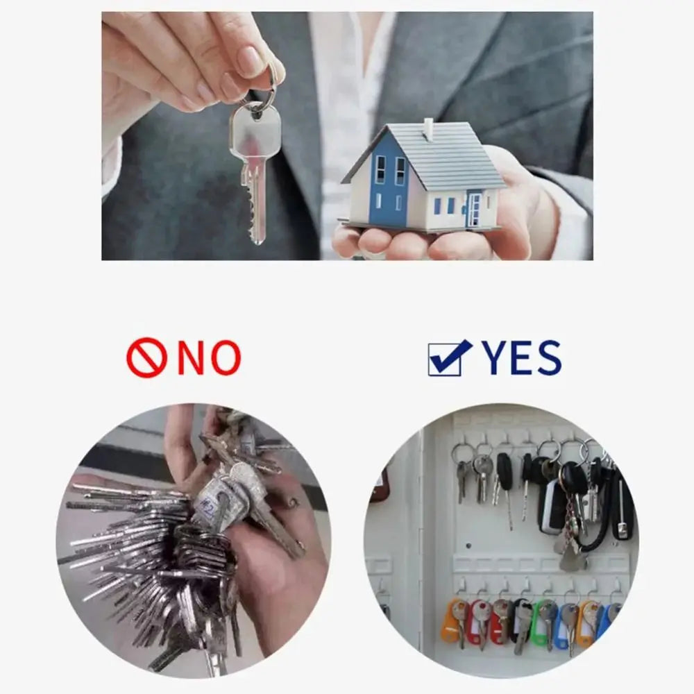 A white plastic wall-mounted key cabinet featuring multiple hooks for organizing metal keys, shown in a before-after.