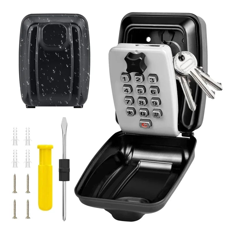 Black metal wall-mounted key lock box with grey digital keypad, mounting screws, and a screwdriver.