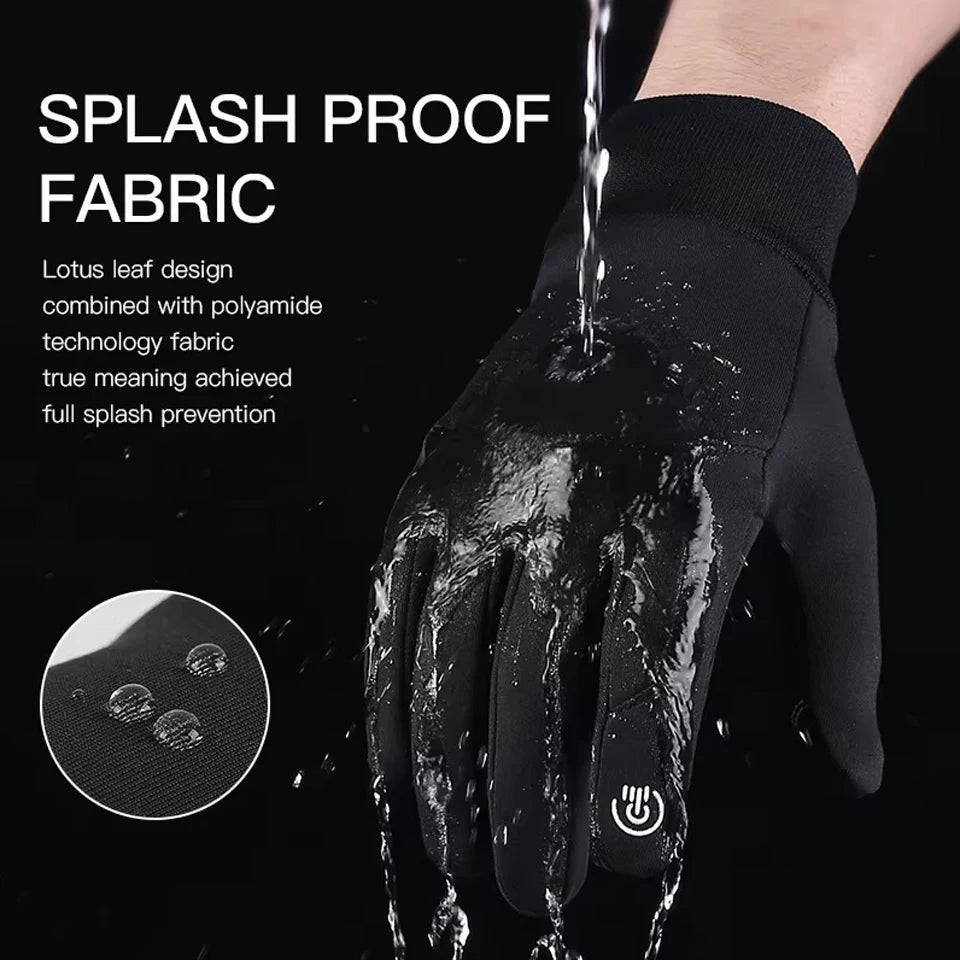 A black splash-proof glove being tested under running water, showing water-repellent fabric and touch-screen icon.