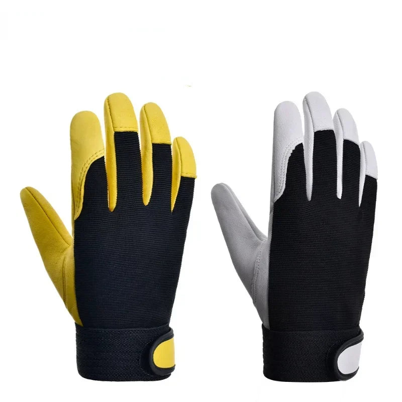 Two pairs of premium cowhide leather work gloves, available in yellow/black and grey/black, with secure velcro cuffs.