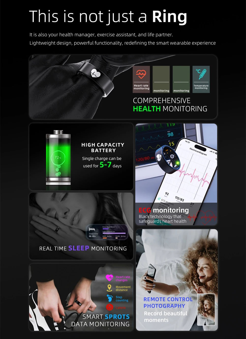 Sleek black smart ring for health tracking, featuring heart rate, ECG, sleep monitoring, and remote camera control.