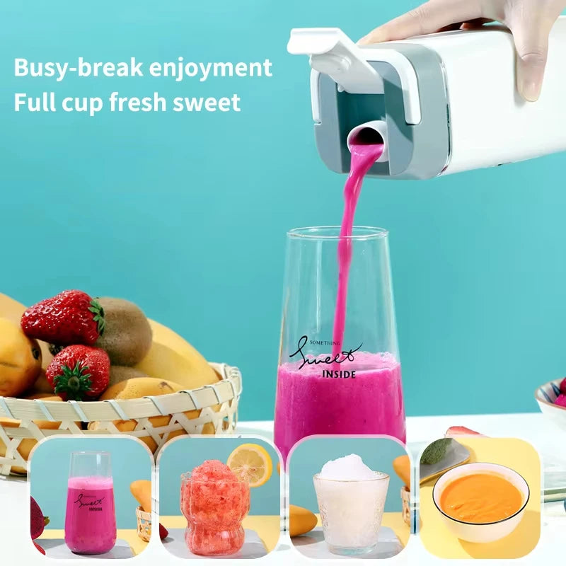 Portable white and grey blender pouring a vibrant pink fruit smoothie into a glass on a teal background.