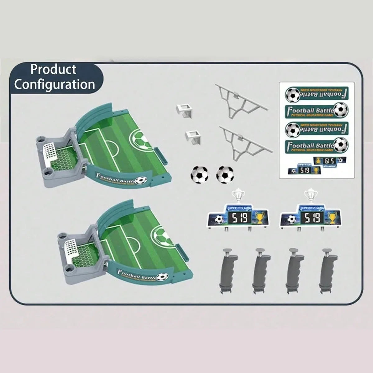 Tabletop football game set with green pitch halves, goal nets, two mini balls, scoreboards, and four handheld controllers.