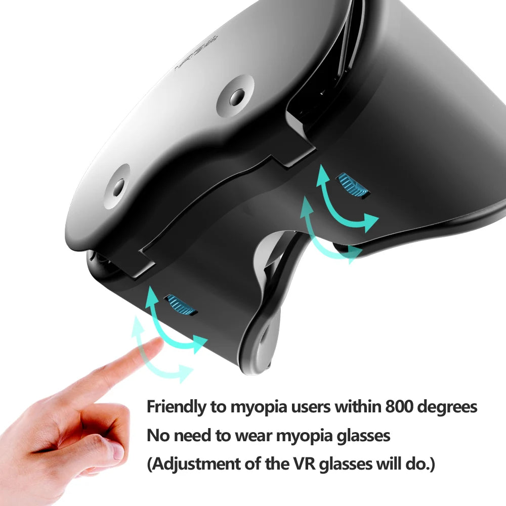 Black VR headset with adjustable focus wheels and pointer indicating adjustment features.
