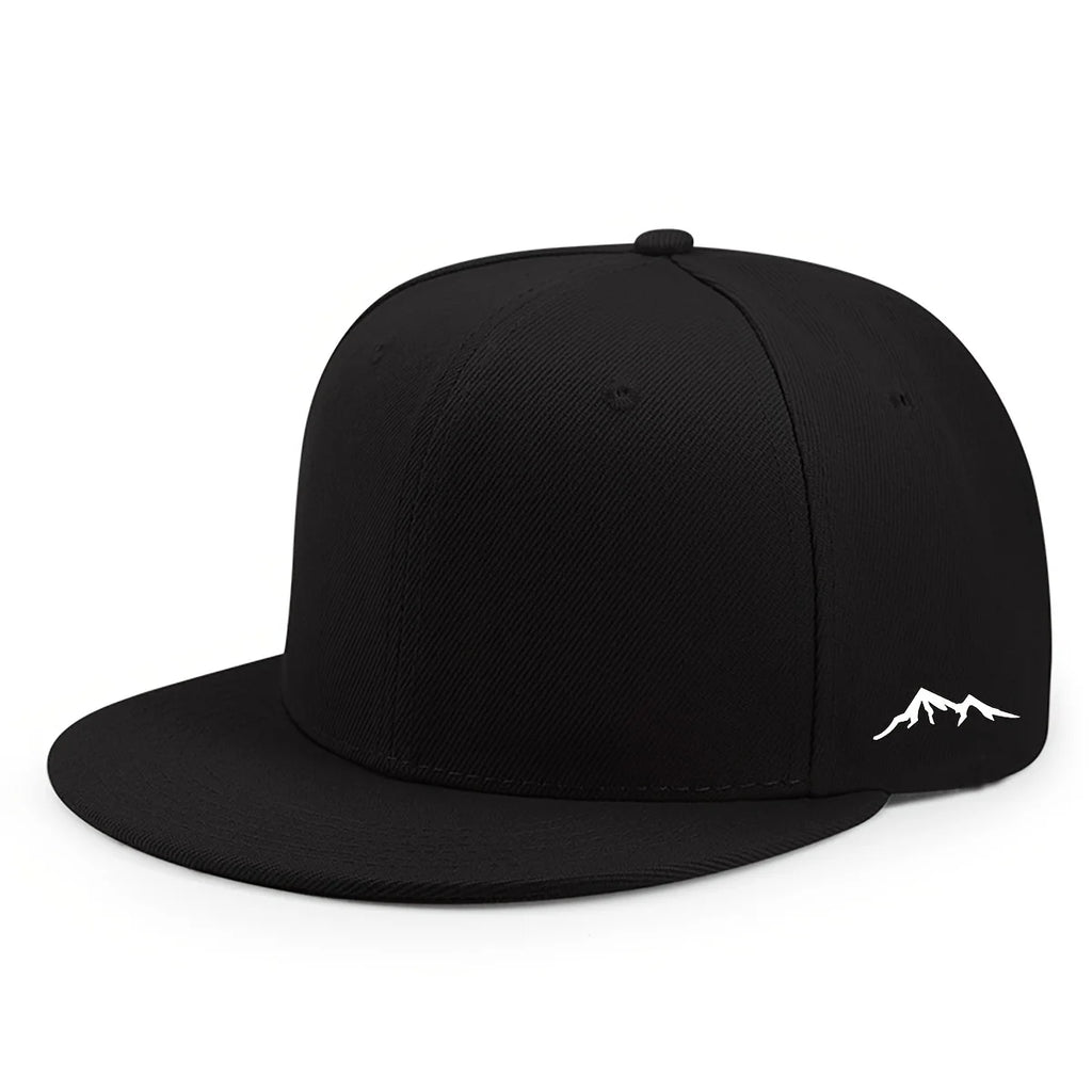 Black unisex flat-brim baseball cap with a small white mountain range graphic on the side.