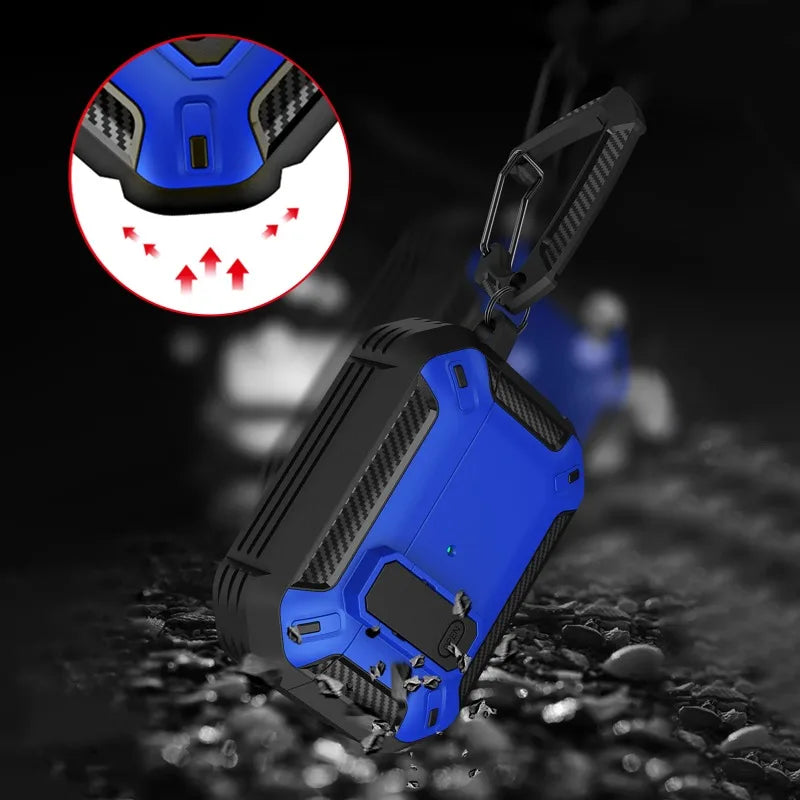 Rugged blue and black carbon-fibre style AirPods Pro case with carabiner clip and shockproof design.