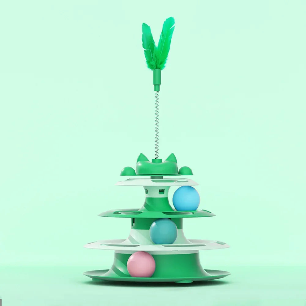 Green three-tier interactive cat turntable with colourful balls and a spring-mounted feather toy on top.