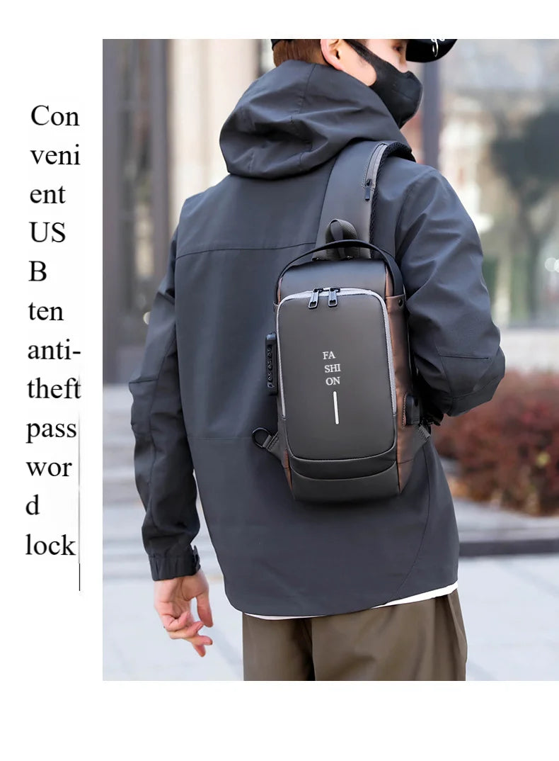 A man wearing a sleek, dark grey anti-theft chest bag with a built-in USB port and combination password lock.