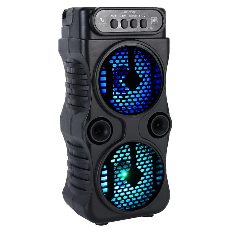 Portable black wireless speaker with twin speakers, blue LED lights, and top-mounted control buttons.