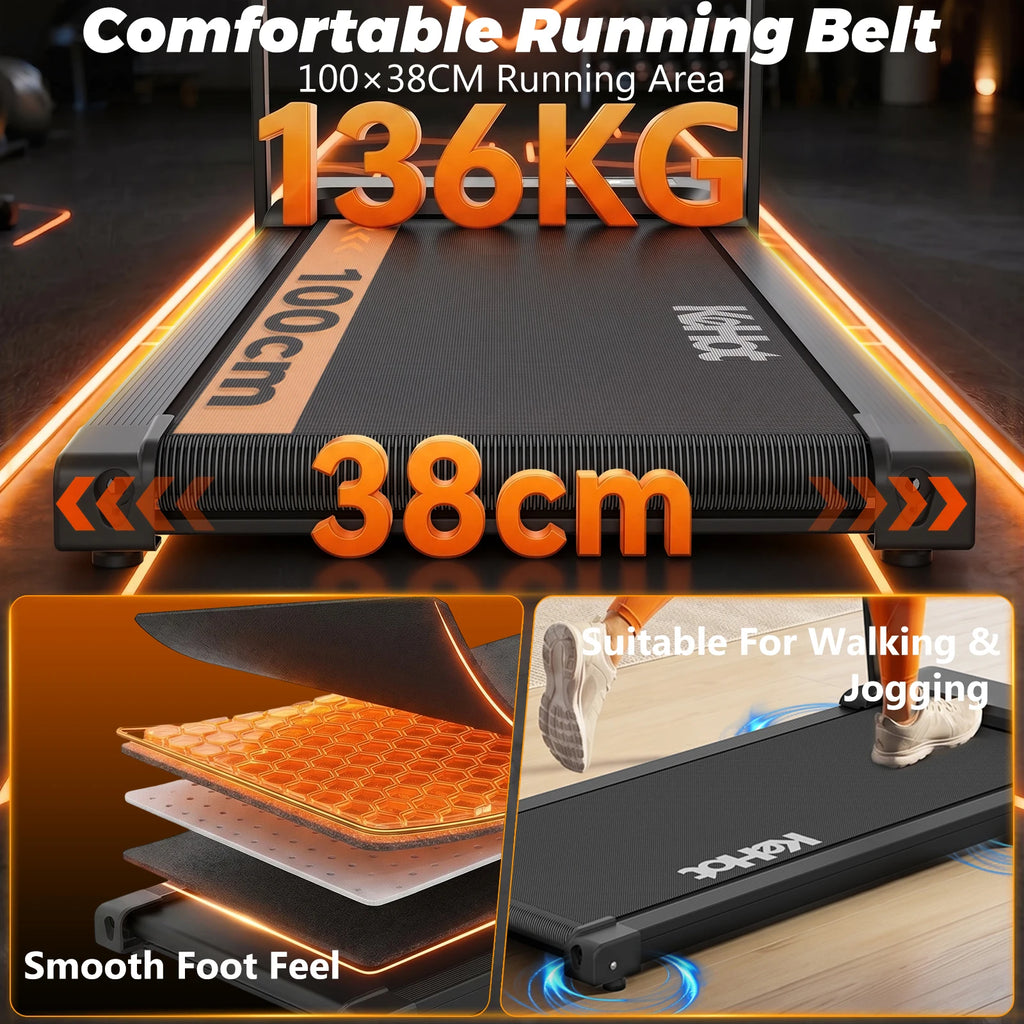 Black folding treadmill showing the multi-layered running belt structure and dimensions for walking and jogging.