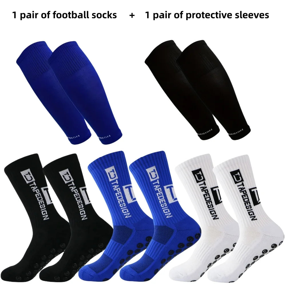 Set of black and blue protective sleeves and black, blue, and white grip football socks with non-slip soles.