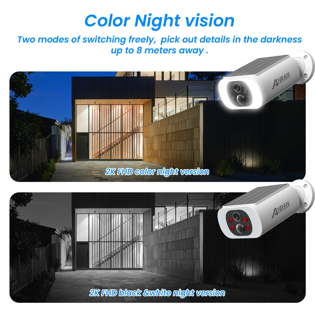 An ANRAN security camera demonstrates color night vision versus black and white night vision of a house exterior.