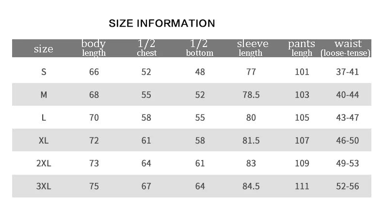 Size information chart for apparel listing body length, chest, bottom, sleeve, pants length, and waist measurements.