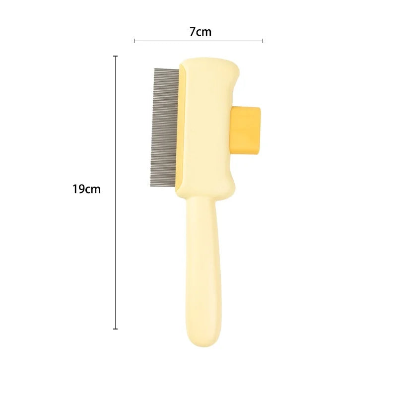 Cream-coloured pet grooming comb with metal teeth, measuring 19cm in height and 7cm in width.