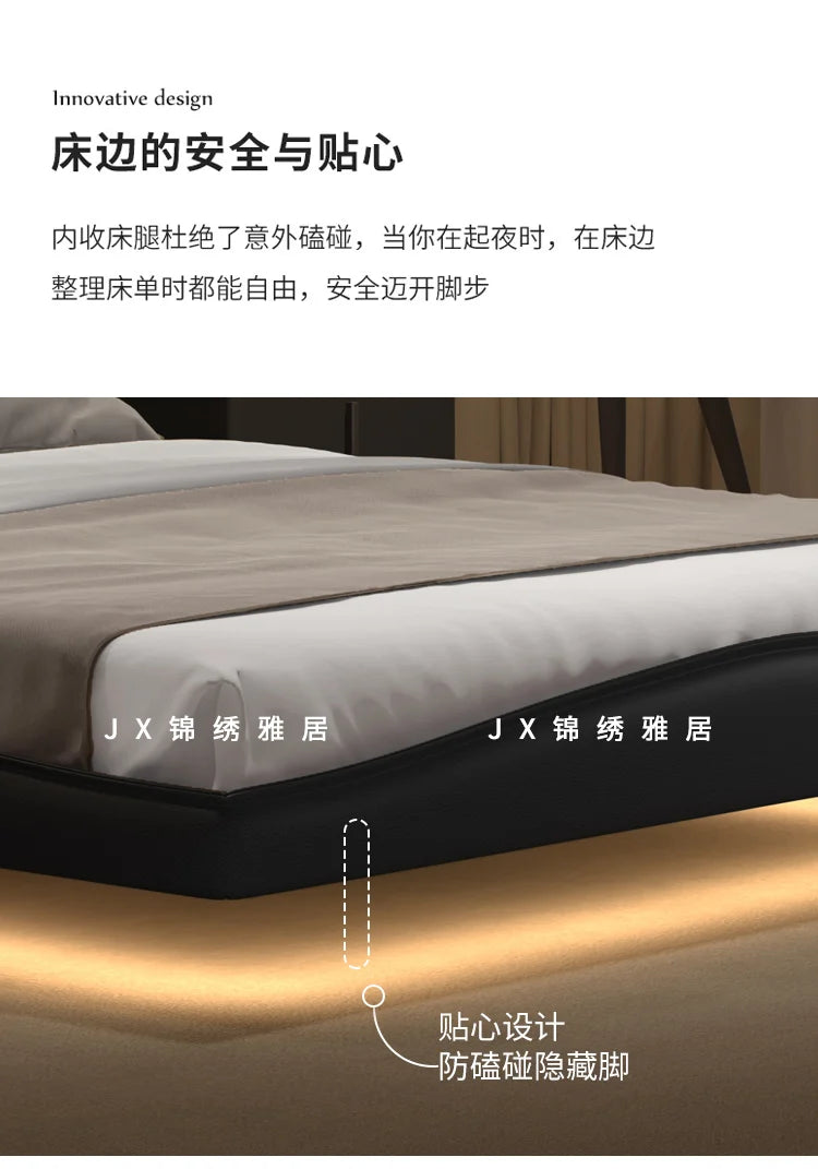 Modern upholstered black bed frame with recessed, hidden legs and warm under-bed LED lighting.