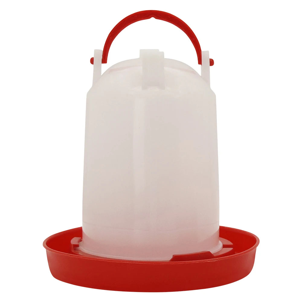 Clear plastic poultry waterer with a red base and carry handle.
