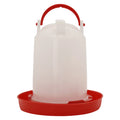 Clear plastic poultry waterer with a red base and carry handle.