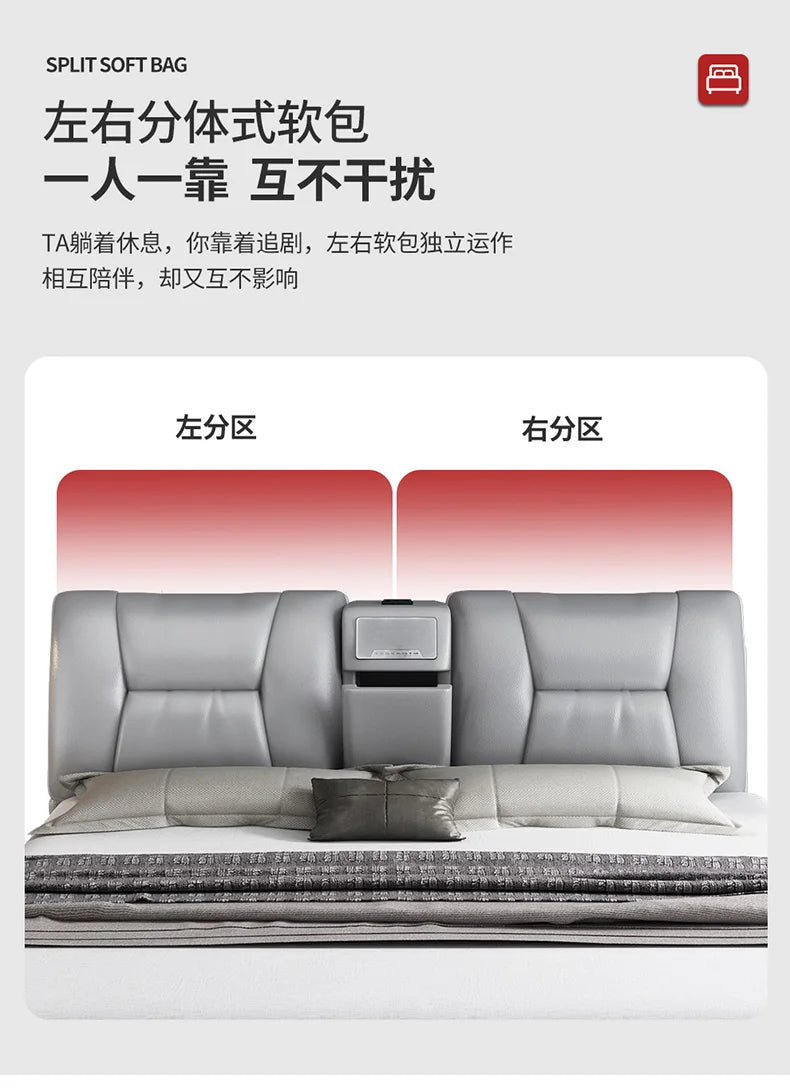 Minimalist grey upholstered king-size bed with a split-cushion headboard and a central integrated storage console.
