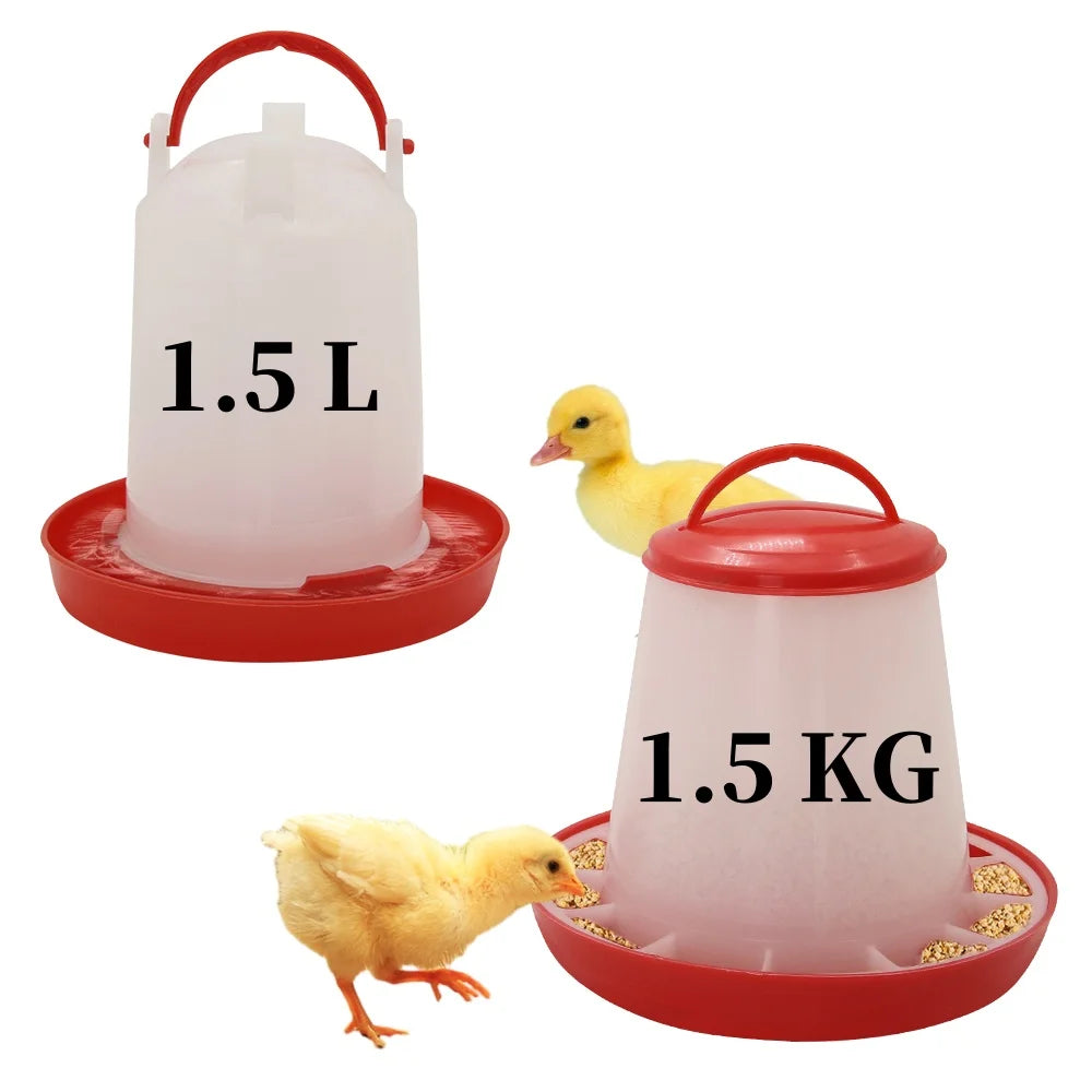 A 1.5L waterer and 1.5kg feeder set in white plastic with red bases and handles, displayed with a chick and duckling.