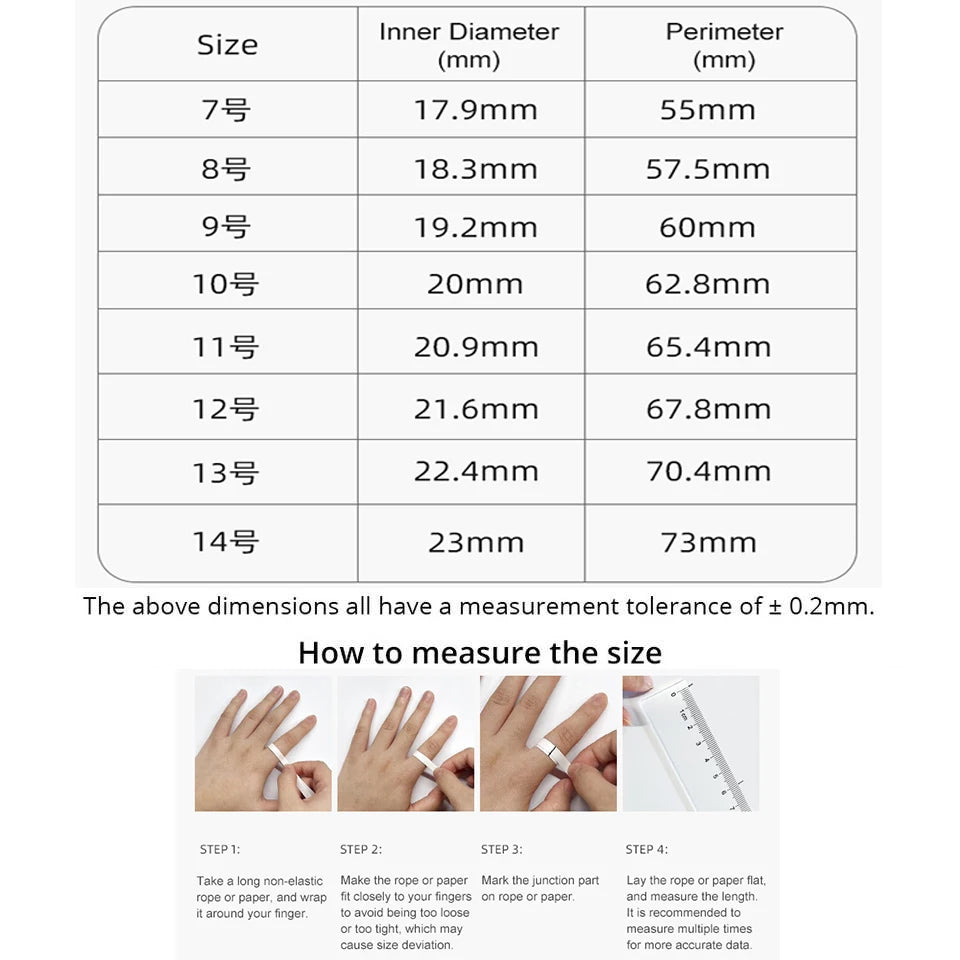 Smart ring sizing guide showing a table of diameters and perimeters, plus four steps on how to measure finger size.