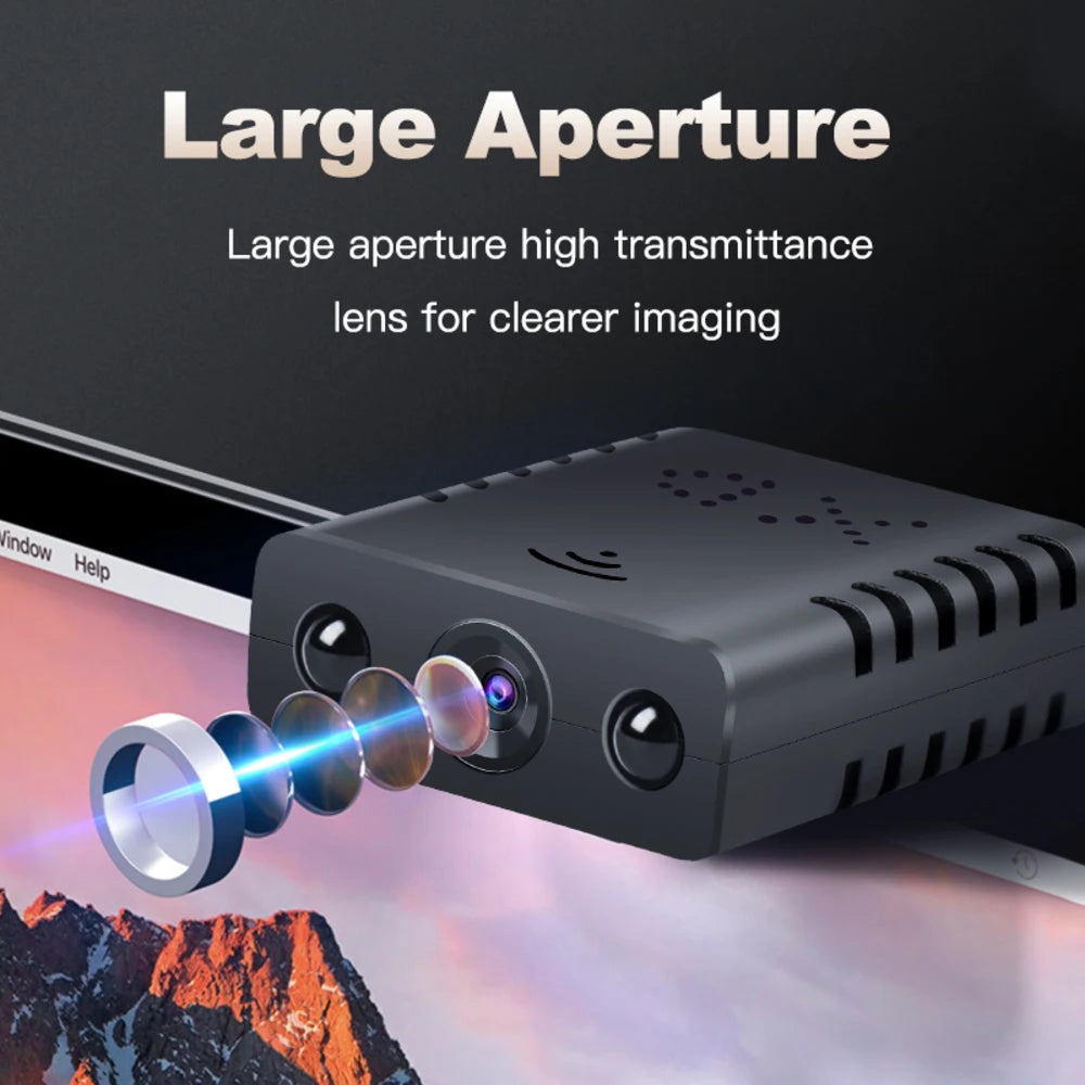 Black plastic webcam with multiple internal glass lens elements and external sensors shown in an exploded view.