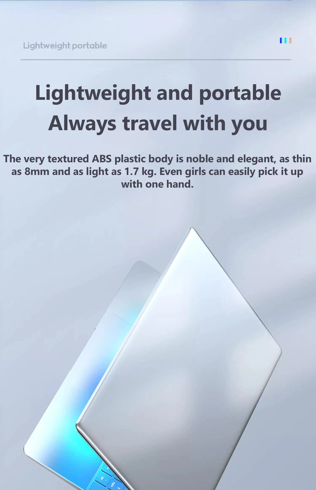 A sleek, slim silver laptop positioned at an angle, highlighting its lightweight and portable design.