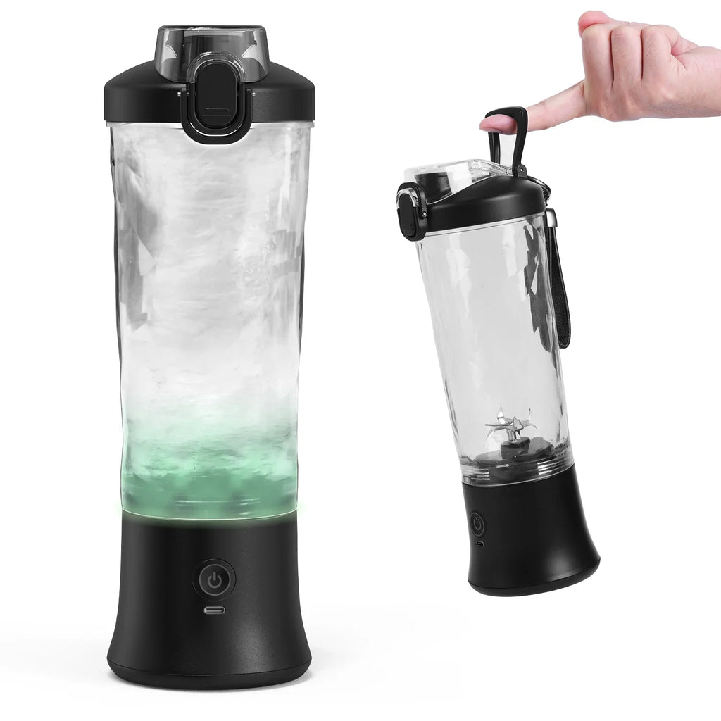 Portable black electric blender bottle with a clear container, a metal blade, and a power button on the base.