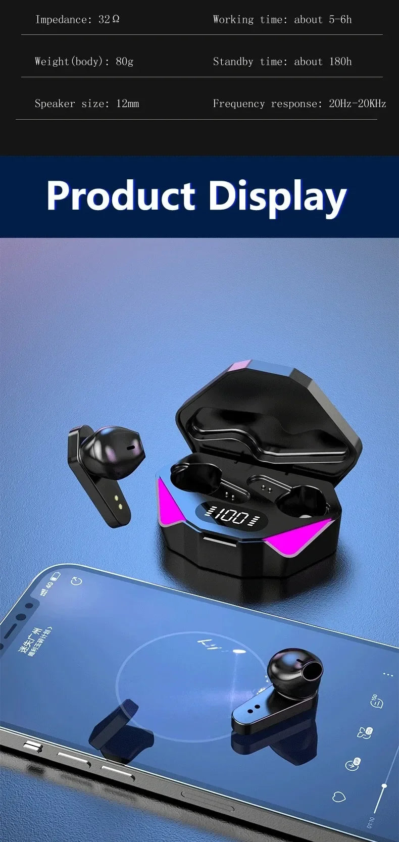 Black wireless earbuds with a charging case featuring a digital display, neon accents, and a futuristic gaming style.