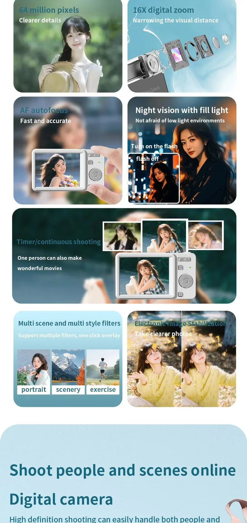 A white digital camera with 64MP, 16X zoom, autofocus, night vision, image stabilization, and various filter modes.