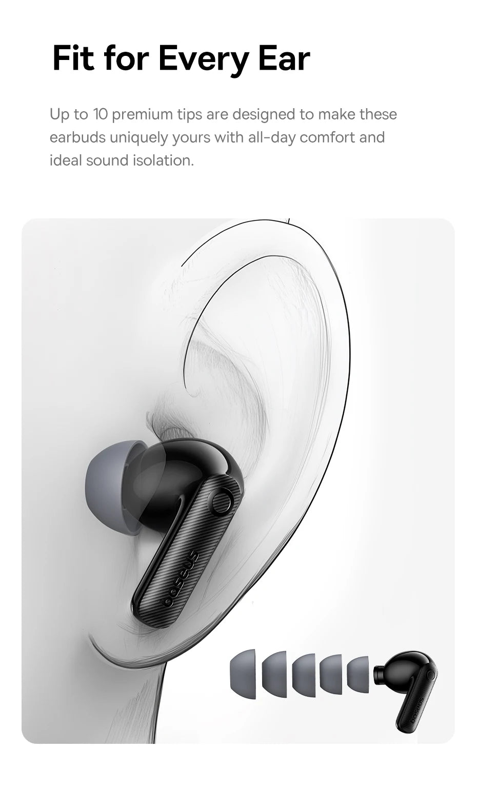 Black in-ear wireless earbuds with textured stems and grey silicone tips, shown inserted in a human ear.