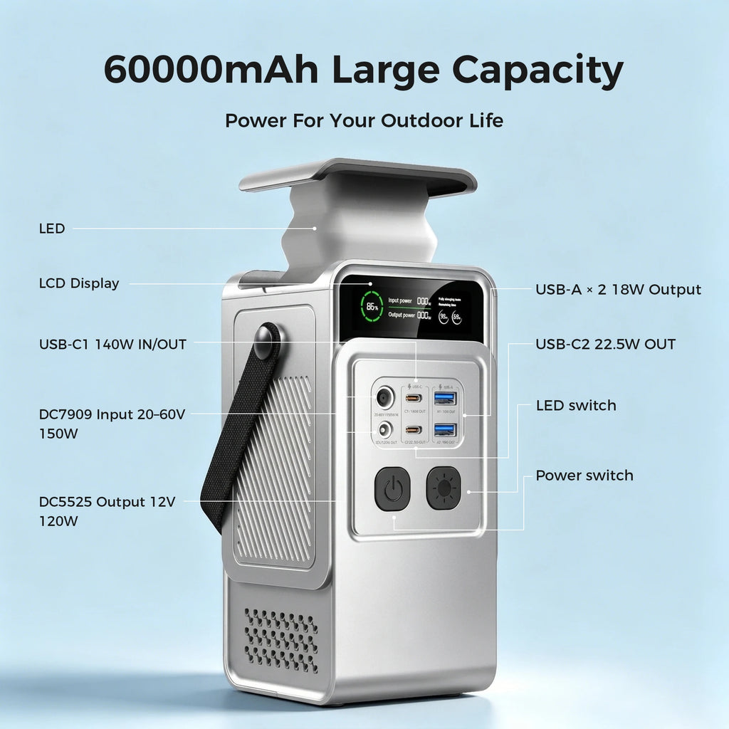 An image of a portable power station, highlighting its features and ports with labels.