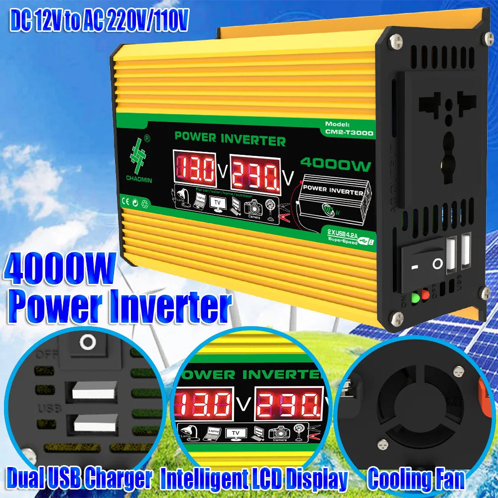 Yellow and black portable 4000W power inverter with an LCD display, dual USB ports, and a built-in cooling fan.