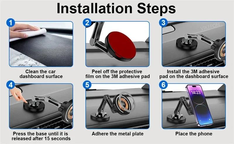 A six-step graphic showing the installation of a foldable black metal magnetic car phone mount on a dashboard.