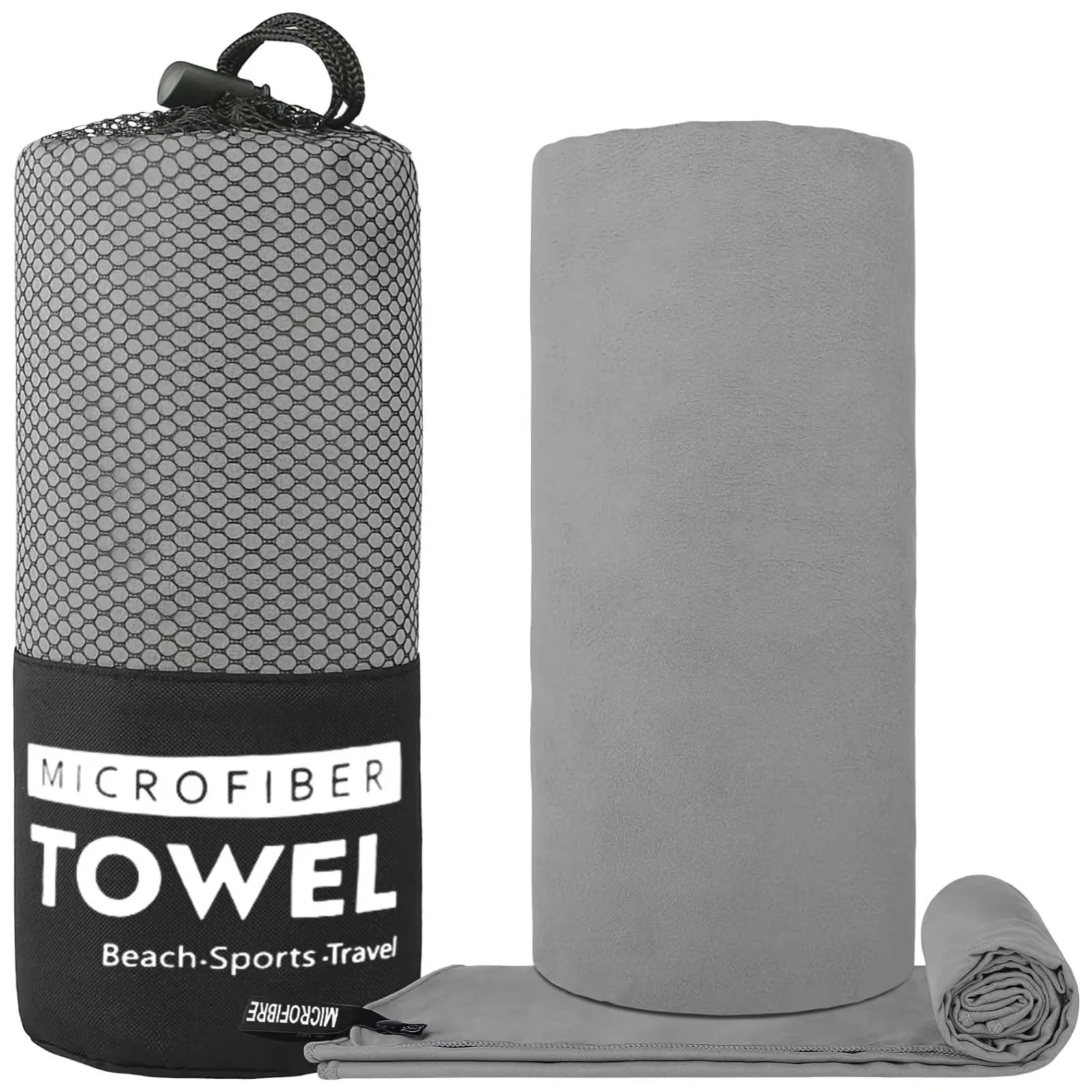 Grey microfibre travel towel, shown rolled up next to its black mesh storage bag with drawstring.