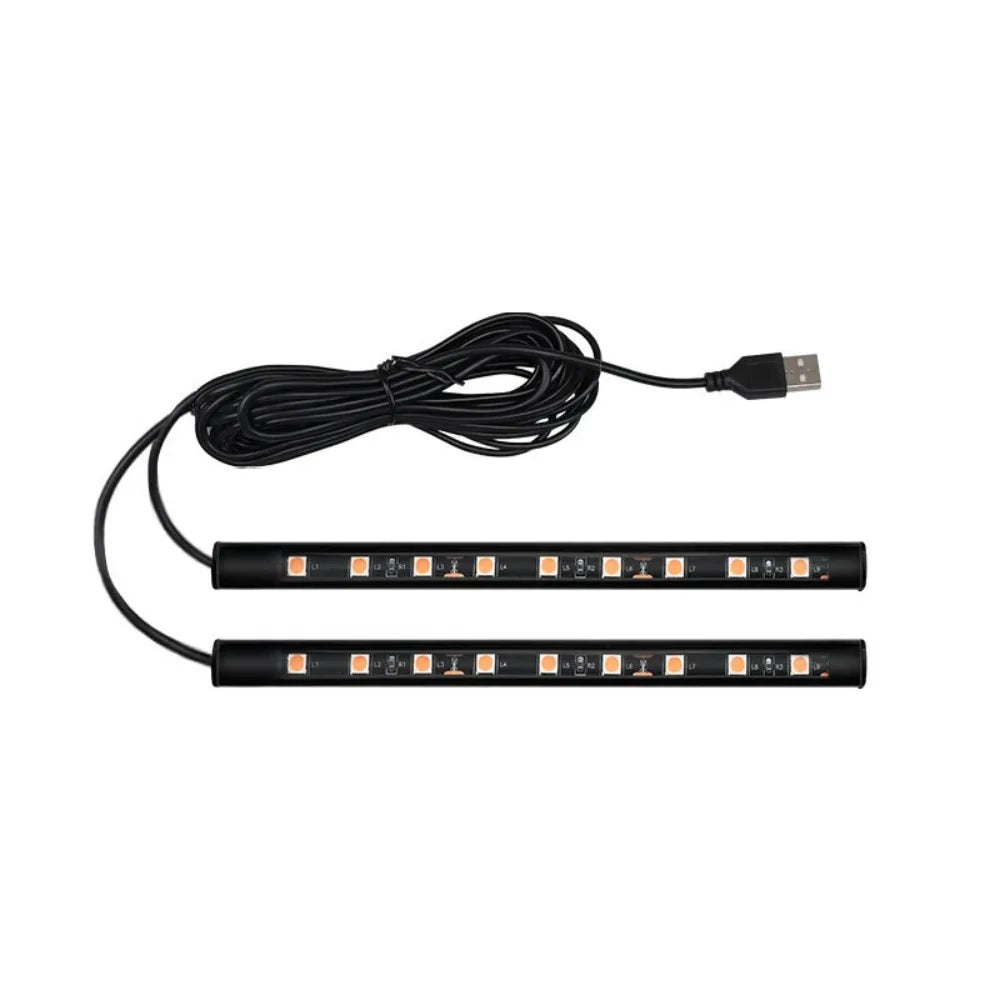 Two black LED car interior light strips with visible orange square chips and a USB power cord.
