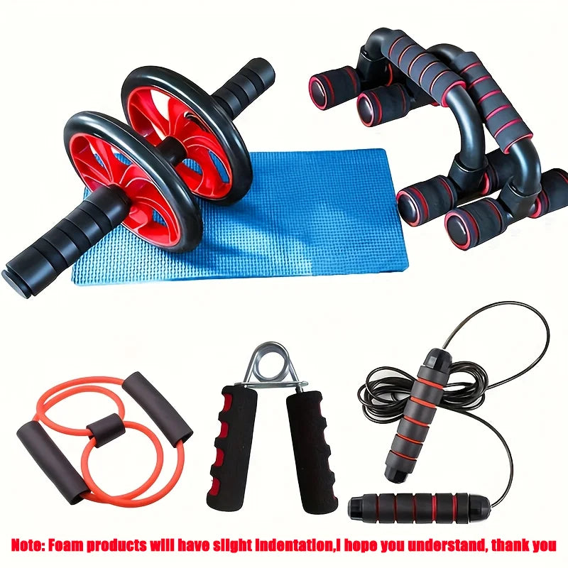 Home workout fitness kit including an ab roller, push-up bars, knee mat, jump rope, hand grip, and resistance band.