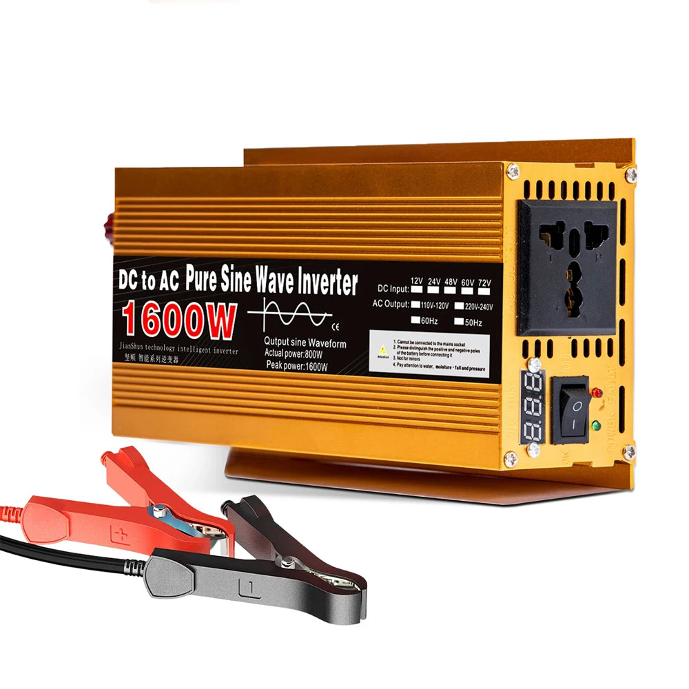 Gold 1600W pure sine wave power inverter with a UK power socket, digital display, switch, and red and black battery clips.
