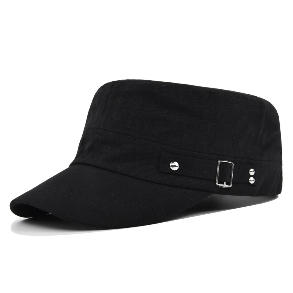 Black military-style flat cap with a stiff peak, side strap detail, and silver-tone metal buckle and stud accents.