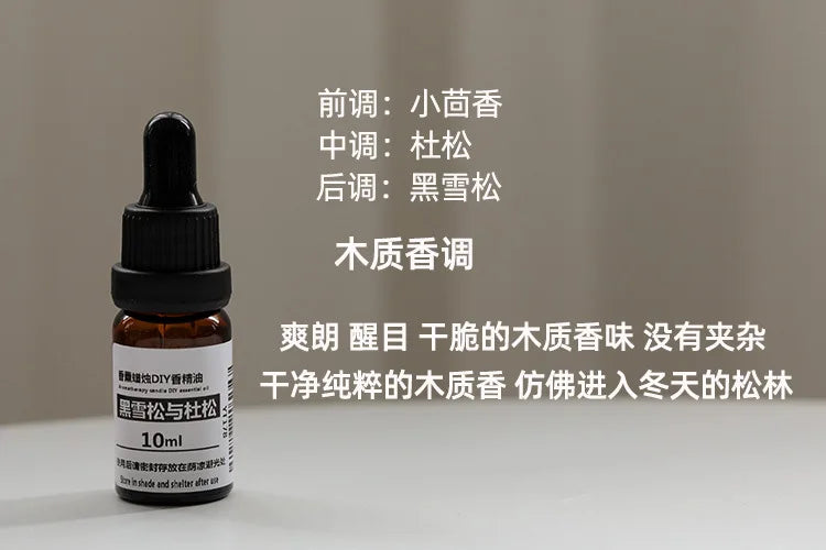 Amber glass 10ml essential oil bottle with a black dropper cap and a white label, set against a neutral background.