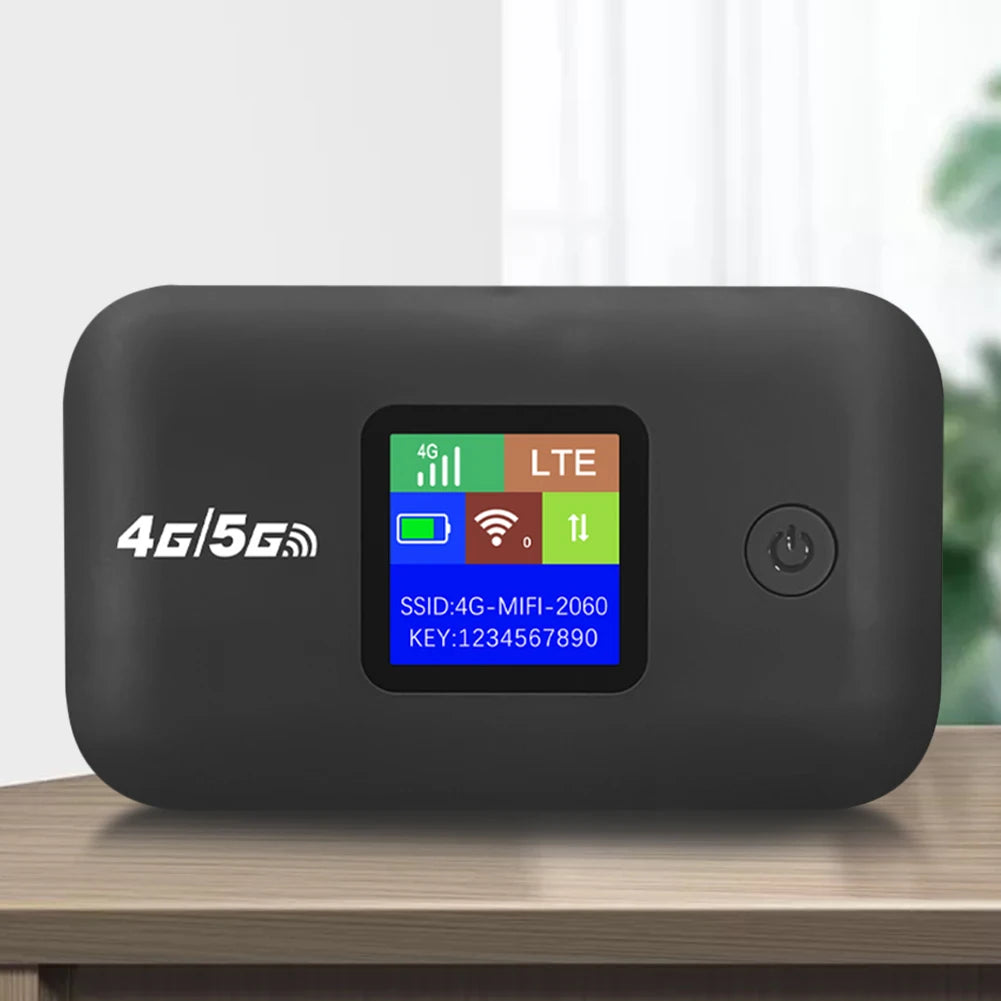 Compact black portable 4G/5G wireless Wi-Fi hotspot router with a digital screen showing connectivity and battery status.