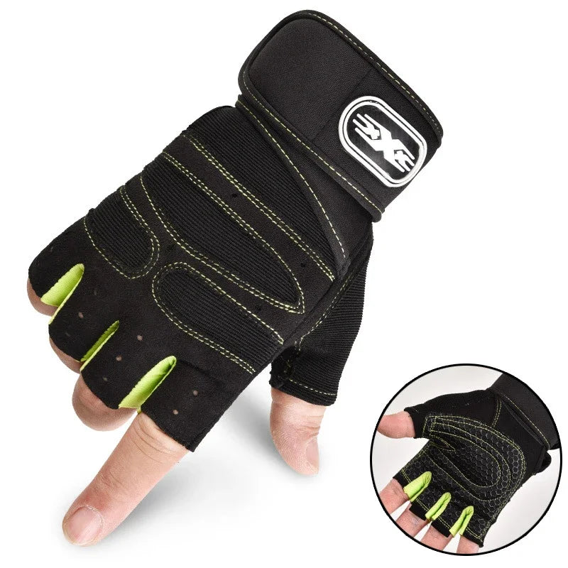 Black fingerless gym gloves with lime green accents, wrist support strap, and padded palm for weightlifting.