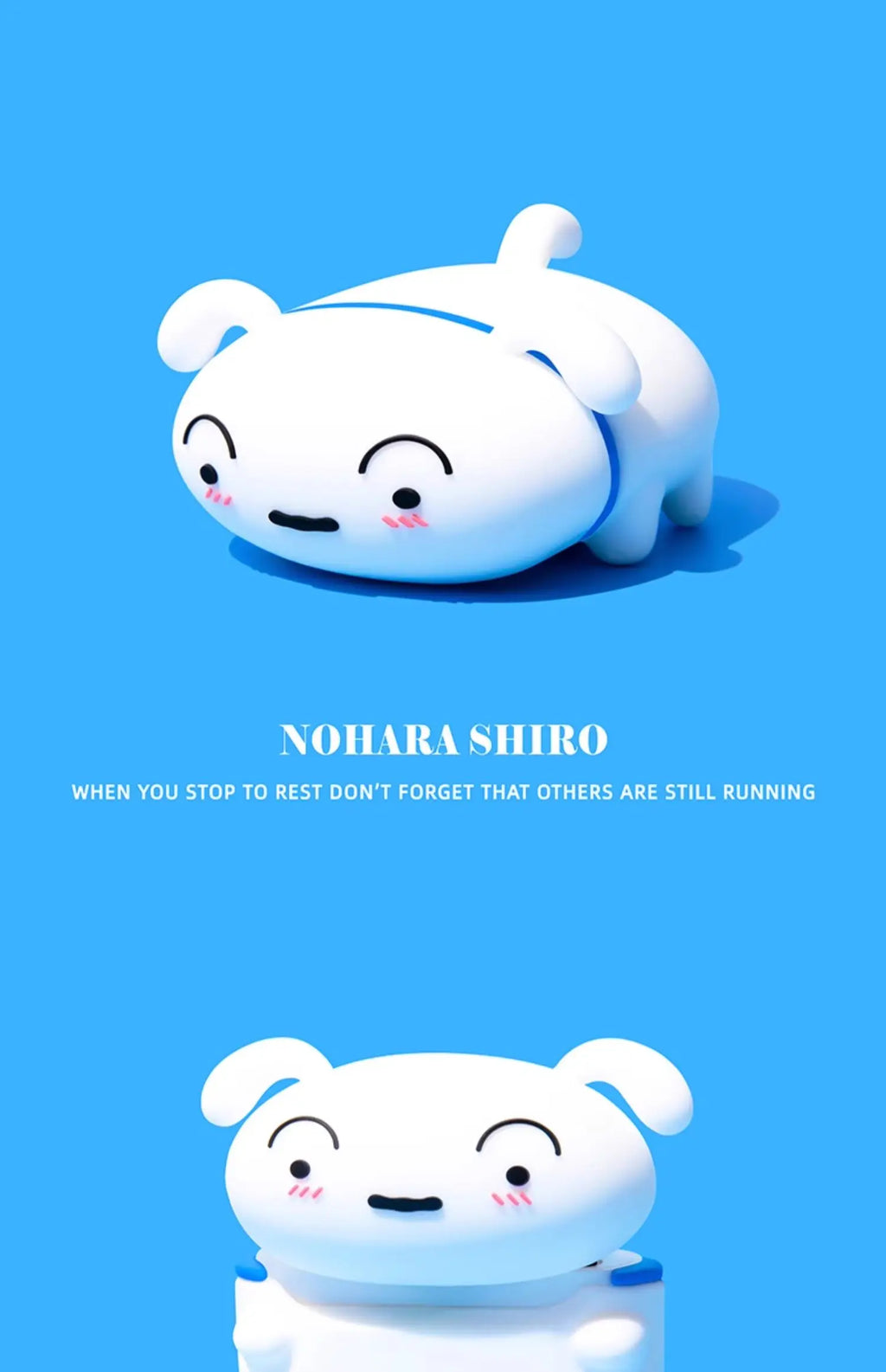 White silicone AirPods case shaped like Nohara Shiro with blue collar detail on a bright blue background.