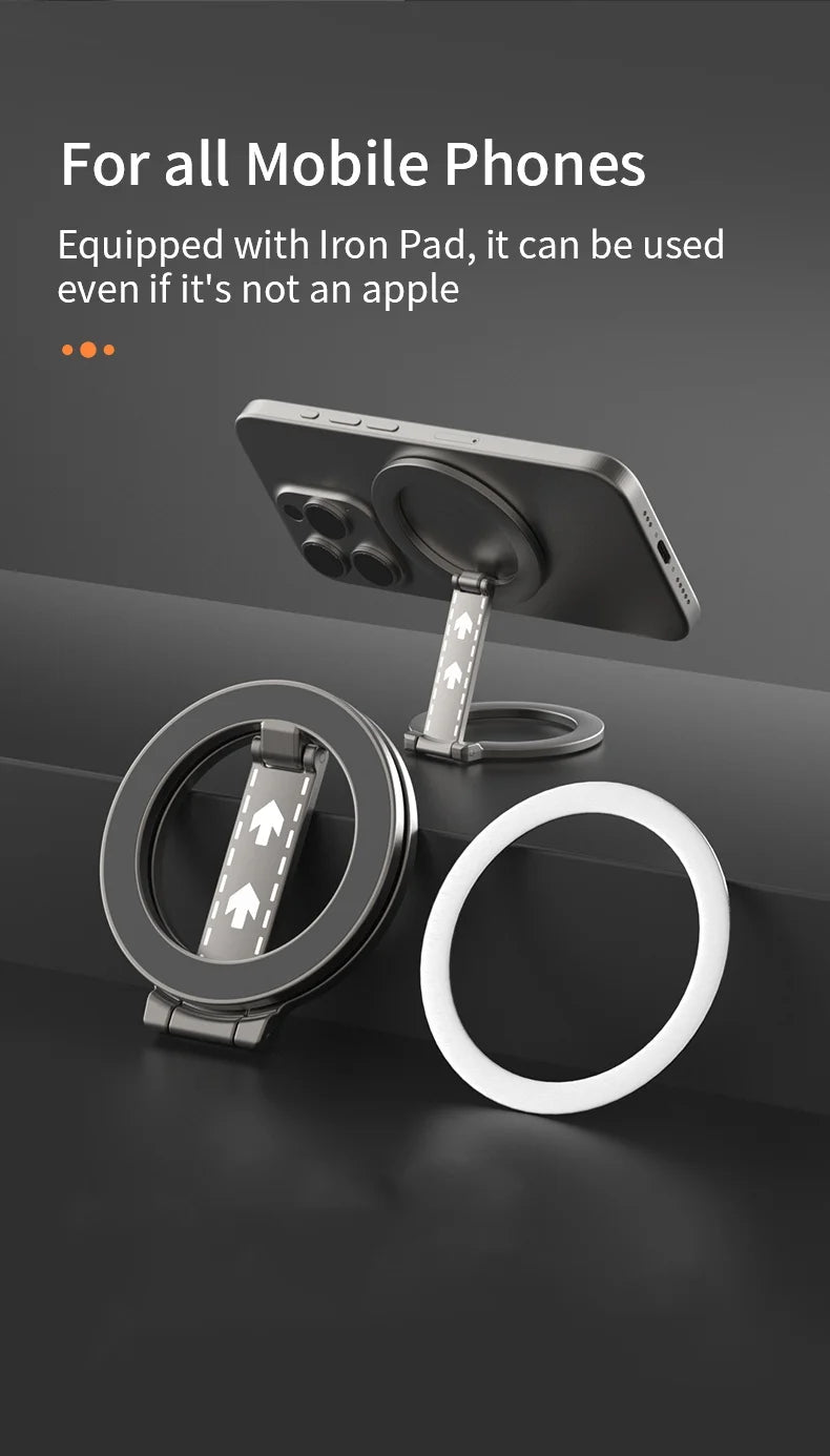 Grey magnetic phone ring holder and stand with an adhesive iron ring for universal device compatibility.
