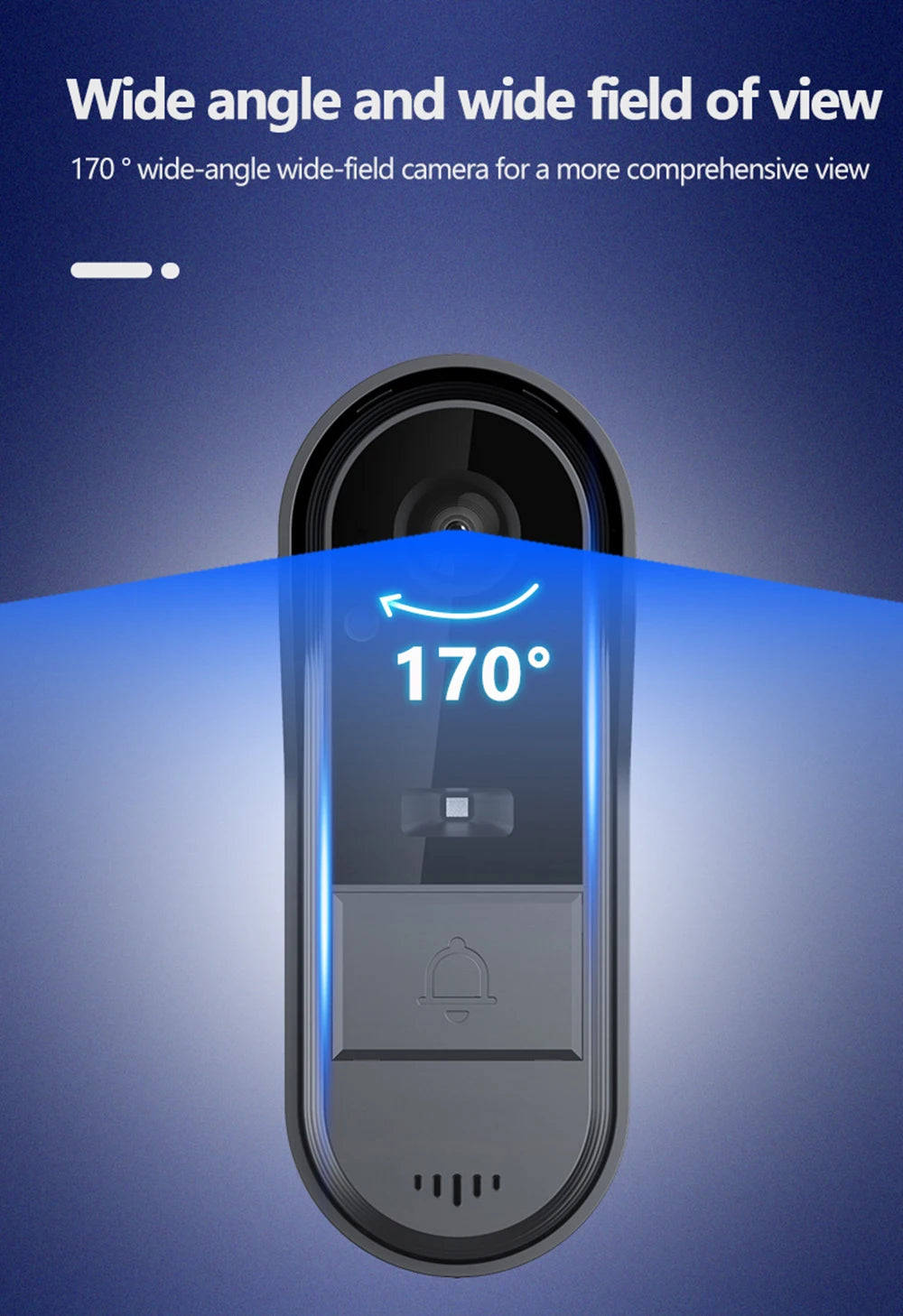 Sleek black wireless video doorbell featuring a 170-degree wide-angle camera lens and intercom button.
