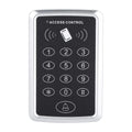 Silver and black RFID access control keypad with a numeric touchpad and integrated doorbell button.